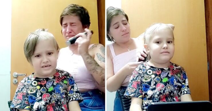 Mamma piange mentre taglia i capelli al figlio con leucemia