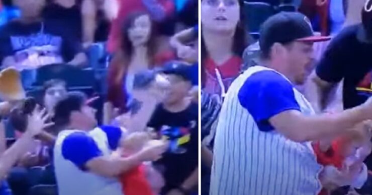 Prende la palla da baseball al volo con il figlio in braccio e una bottiglia di birra in mano