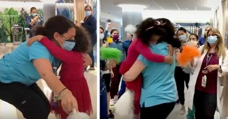 Bimba di 5 anni guarita dal cancro corre ad abbracciare la sua infermiera preferita