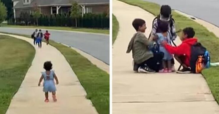 Bambina corre ad abbracciare i fratelli che tornano da scuola