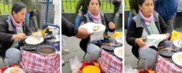 Venditrice ambulante ricopre i piatti di plastica