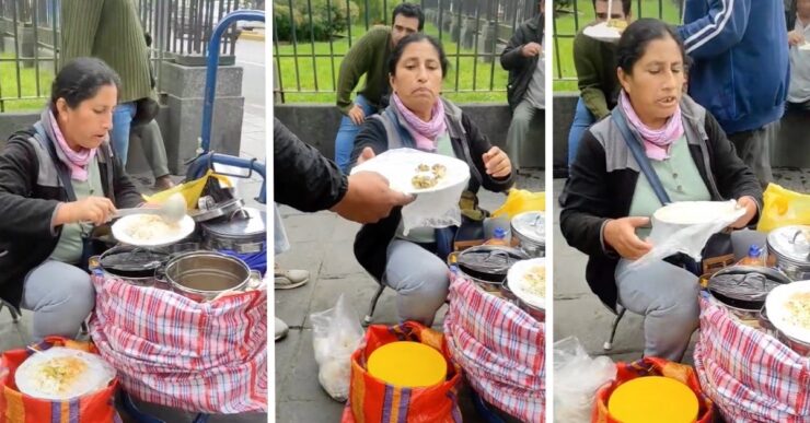 Venditrice ambulante ricopre i piatti di plastica