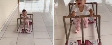 Papà costruisce un girello per la figlia