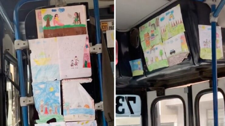 Autista mostra i disegni del figlio sull'autobus, per mostrare il talento del bimbo