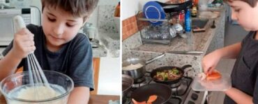 Mamma insegna al figlio di 2 anni a cucinare