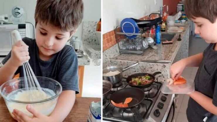 Mamma insegna al figlio di 2 anni a cucinare